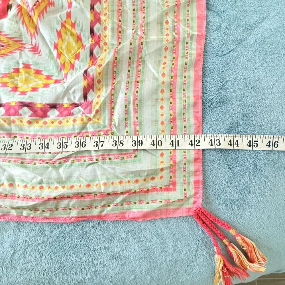 Johnny Was 100% Silk Pink/Yellow Aztec Print Tassels Scarf 44” x 44”